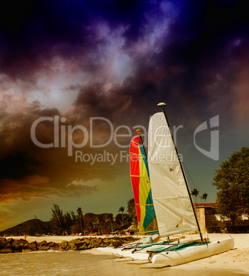 Sailing boats on the beach. Beautiful caribbean island scenario