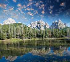 Beautiful alpin landscape. Mountain peaks reflected into a lake