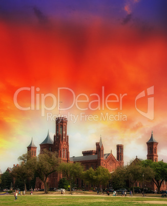 Scenic view of the Smithsonian Castle, landmark on the Mall, Was
