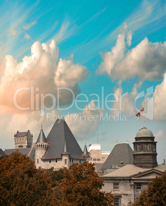 Montreal day view panorama with city skyline. Ancient buildings