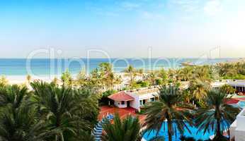 panorama of the beach at luxury hotel, ajman, uae