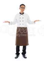 happy asian chef welcoming pose