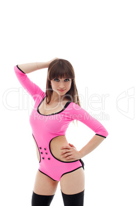 Portrait of pretty brunette posing in pink leotard