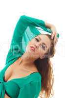 Sensual young model posing in green blouse