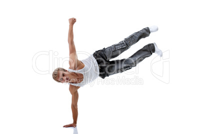 Young strong modern dancer isolated on white