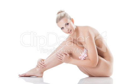Image of beautiful smiling blonde posing in garter