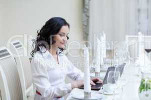 Smiling brunette working on PC in restaurant