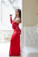 Seductive brunette posing in long red dress