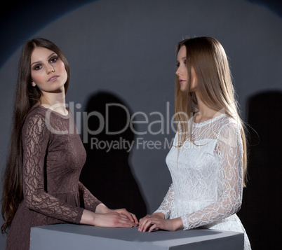 Two beautiful girls posing in stylish dresses