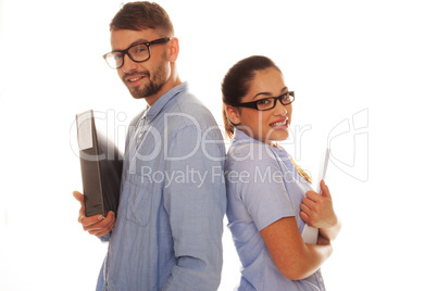 nerdy couple holding files in a white background