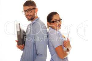 nerdy couple holding files in a white background