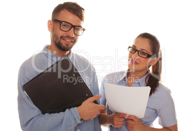 nerdy couple holding files in a white background