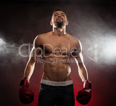 low angle view of a fit caucasian boxer