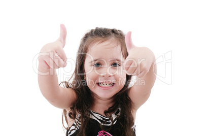 close up portrait of cute girl showing thumbs up.isolated on whi