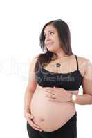happy pregnant woman looking away, isolated on white background
