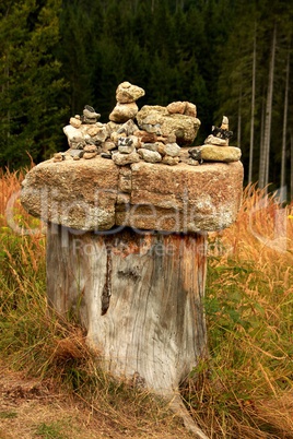 steinmännchen auf einem baumstamm im böhmerwald