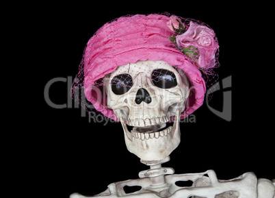 skeleton in vintage pink hat