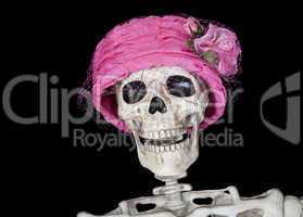 skeleton in vintage pink hat