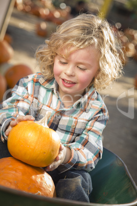 little boy sitting and holding his pumpkin at pumpkin patch.