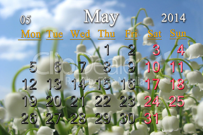 calendar for may of 2014 year with lily of the valley