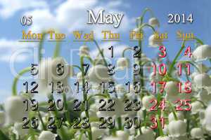 calendar for may of 2014 year with lily of the valley