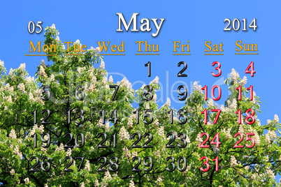 calendar for may of 2014 with crowns of chestnut