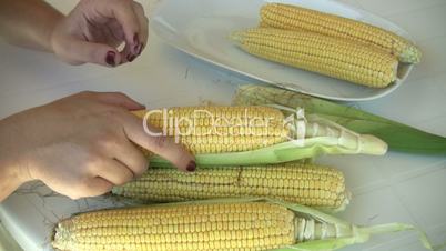 Female hands peeling corncobs