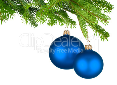 zwei blaue christbaumkugeln hängen am tannenzweig