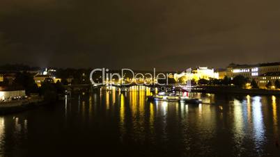 vltava river at night. prague. czech republic. time lapse.