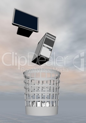 computer to rubbish - 3d render