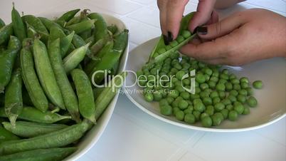 female hands peeling peas