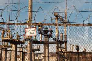 electrical power transformer in high voltage substation.