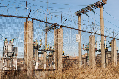 electrical power transformer in high voltage substation.