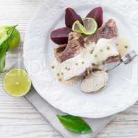 beef with beetroot and horseradish sauce