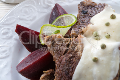 beef with beetroot and horseradish sauce