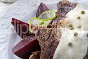 beef with beetroot and horseradish sauce