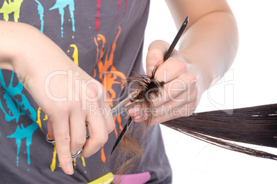 young woman having a hair cut