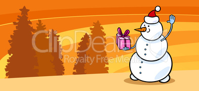 Snowman Santa with gift cartoon card