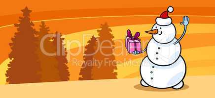 Snowman Santa with gift cartoon card