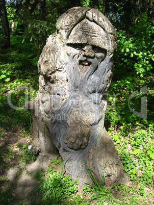 sculpture of fabulous personage cut out from a tree