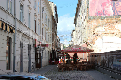 street in lvov with cozy café