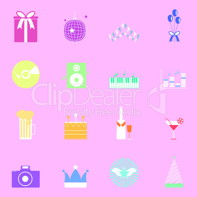 colorful party icons on pink background