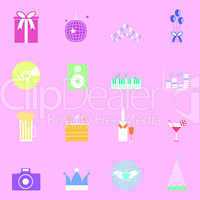 colorful party icons on pink background