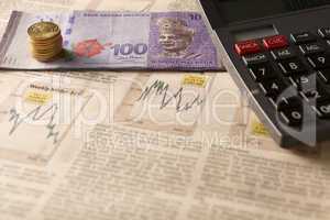 newspaper stock market with calculator and money