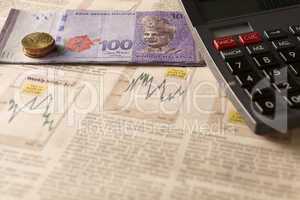 newspaper stock market with calculator and money