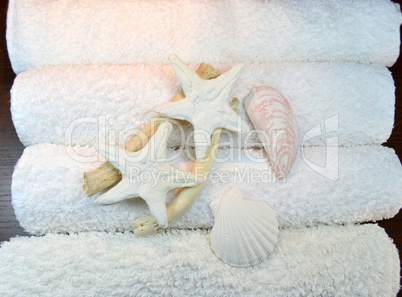 Stack of towels with starfish and shells