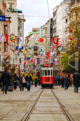 old-fashioned red tram at the street of istanbul