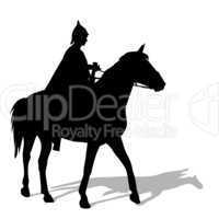 rider on a horse in clothing warrior with a sword and wearing a