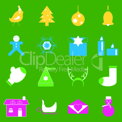 christmas colorful icons on green background
