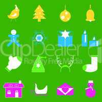 christmas colorful icons on green background